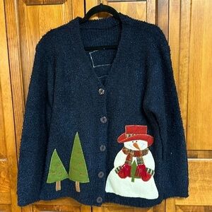 Navy Blue Christmas Winter Holiday V-Neck Cardigan Button down Snowman Trees L